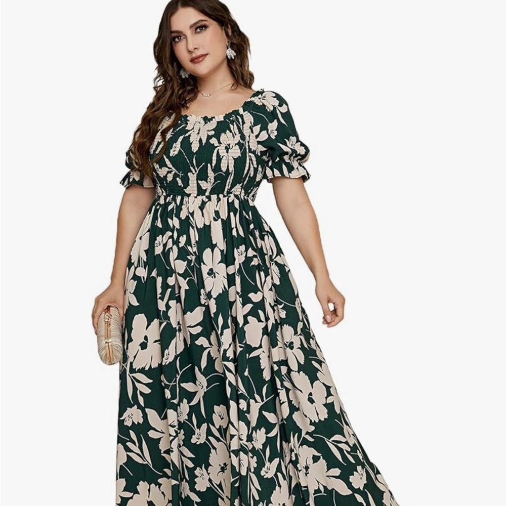 Elegant Floral Maxi Dress in Green and Cream